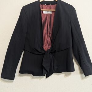 Max Mara womens black tie front peplum wool Blend pinstripe blazer size 10 Italy